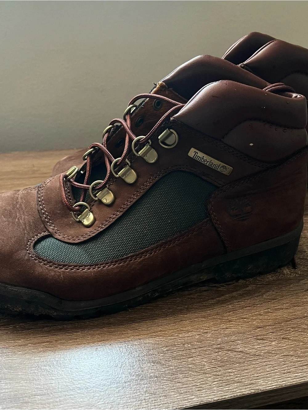 Timberland Boys Field Boot 6 Inch Waterproof Dark Brown Nubuck Green Size 6